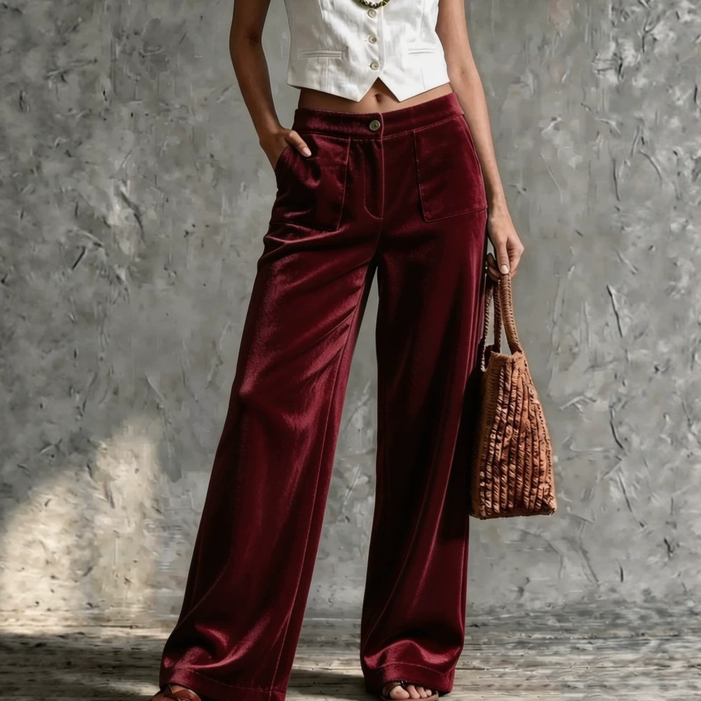 2026 cross-border Amazon Wish independent station women's clothing: velvet loose-fit solid-color high-waisted straight-leg casual pants with pockets