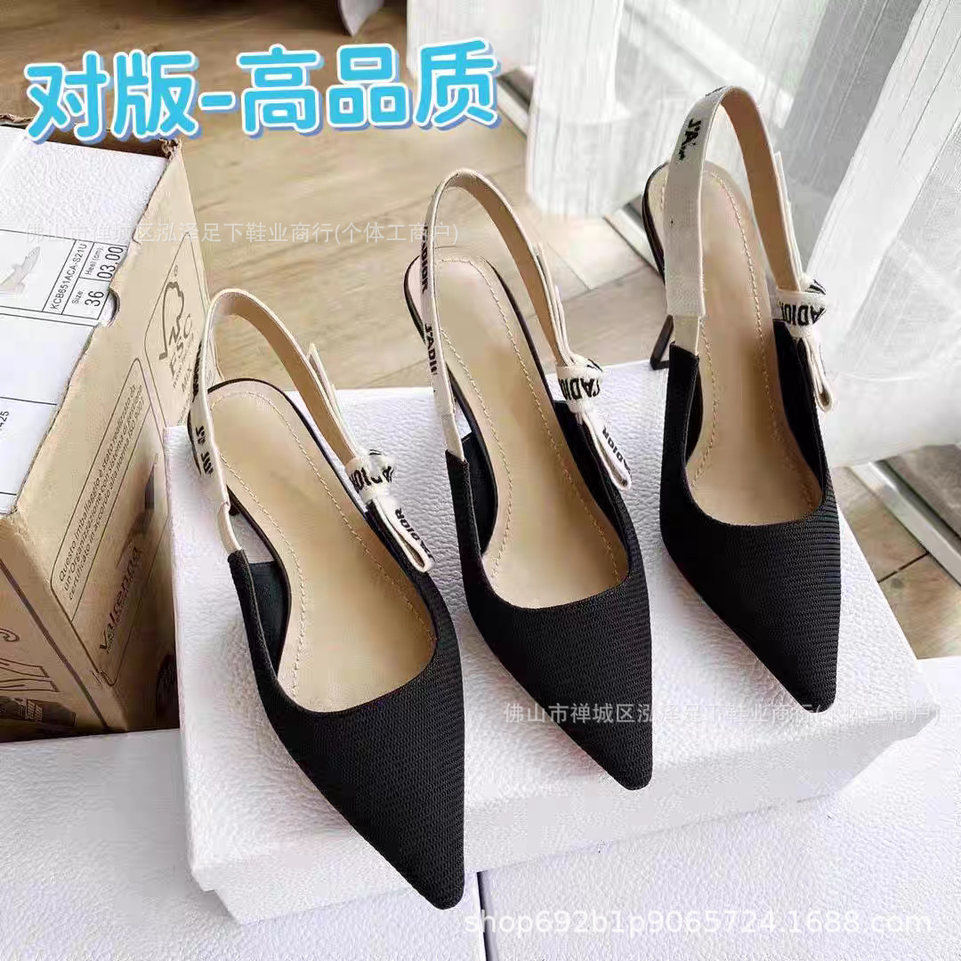 2026 Summer New High-Heeled Shoes D Brand Shoes Embroidered Letter Bow Leather Sandals Kitten Heel Stiletto Heel