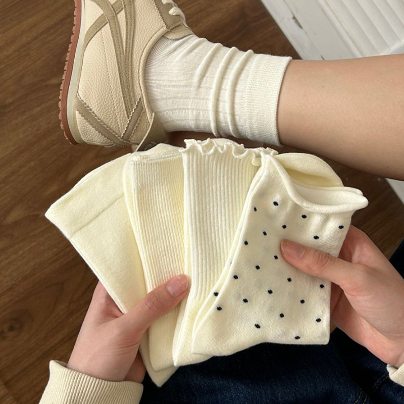 Korean-style ruffled polka dot socks for women, trendy mid-calf socks, solid color, spring and autumn, Japanese ballet style maternity socks, sweet