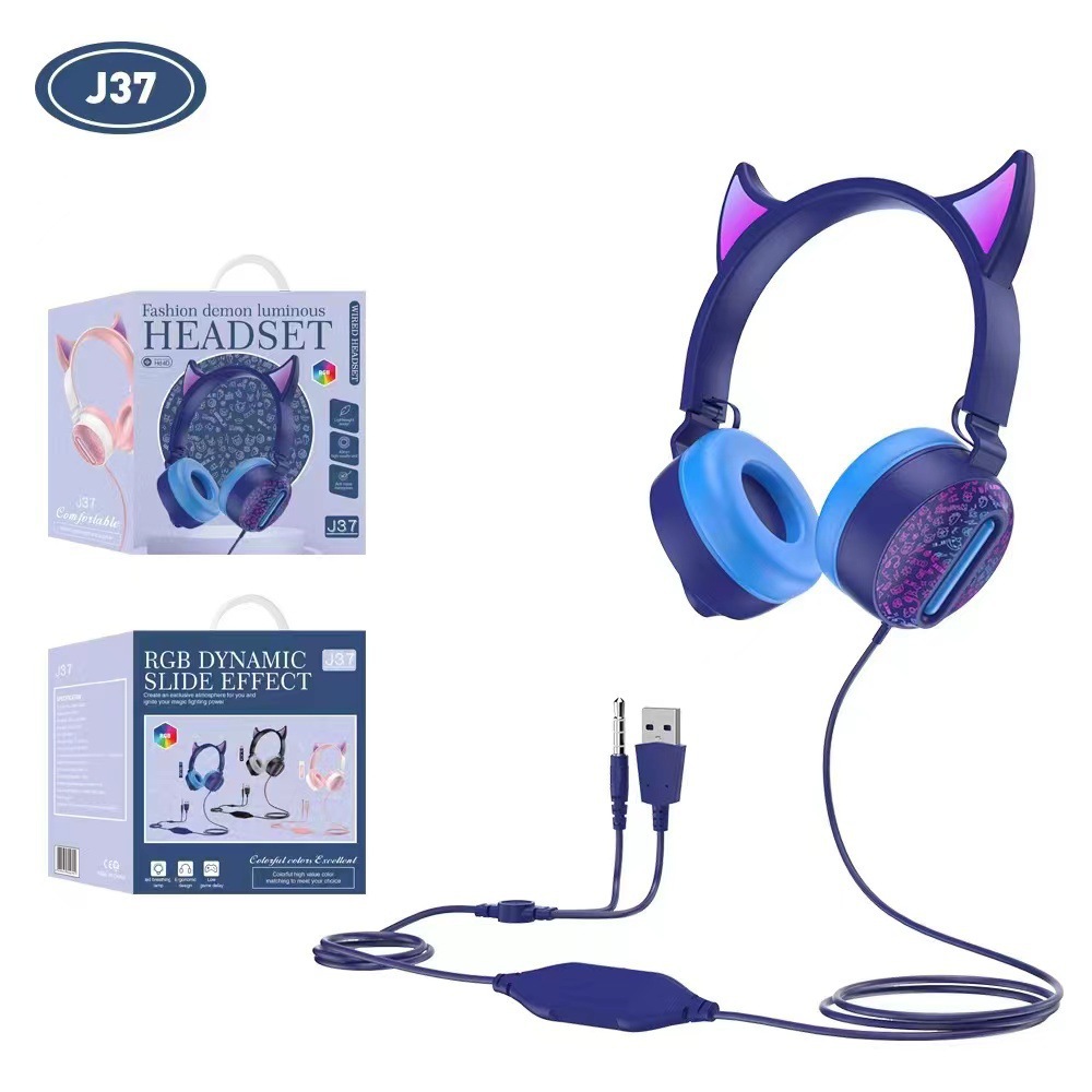 Cross-border new cartoon headset magic horn light-emitting wired laptop phone J37 headset