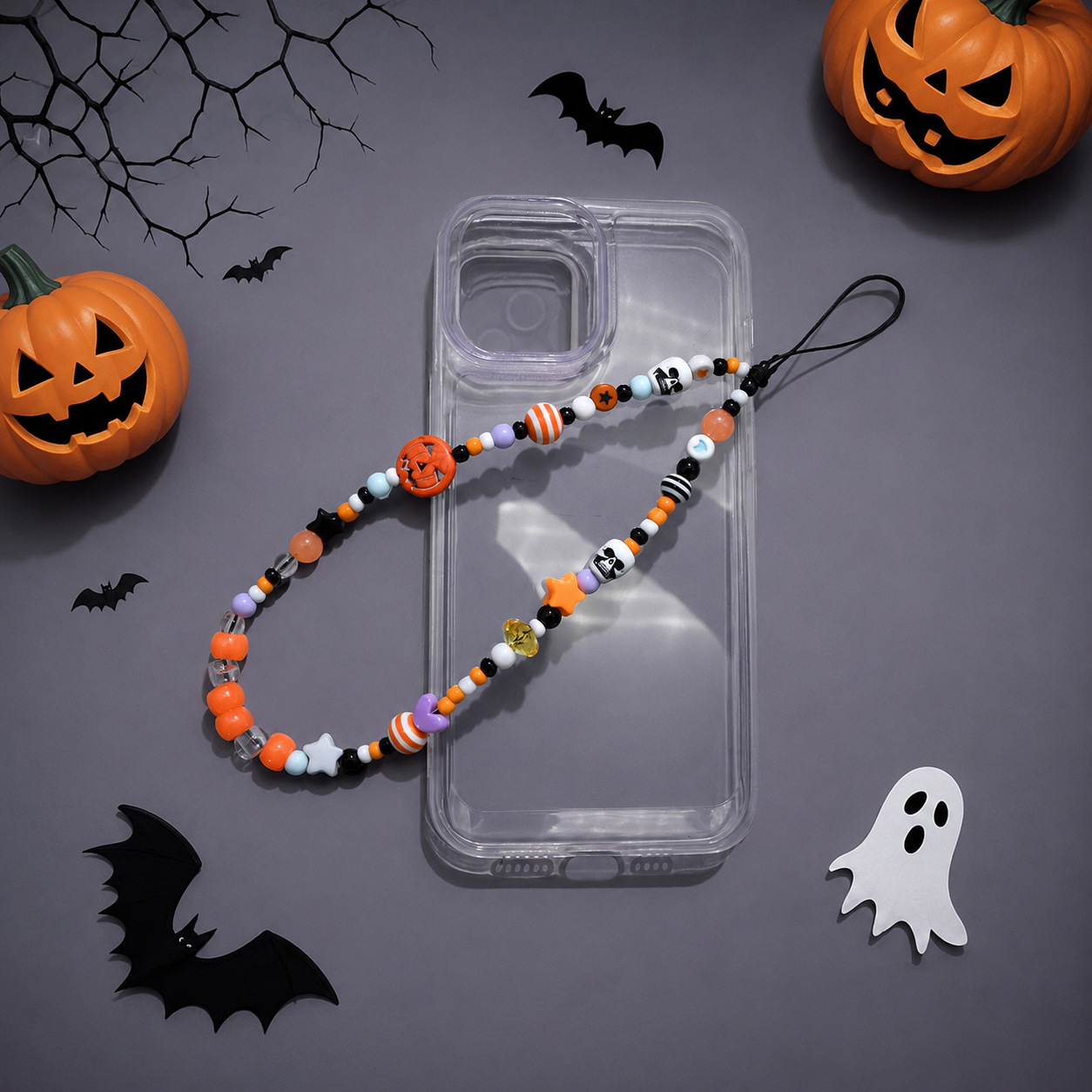 Cross-border Halloween phone chain, funny pumpkin skull pendant, handmade beaded wrist chain wholesale